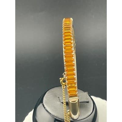 Vintage Amber Rhinestone Baguette Hinged Bangle Set Pair Gold Tone Deco Style - Thumbnail 2
