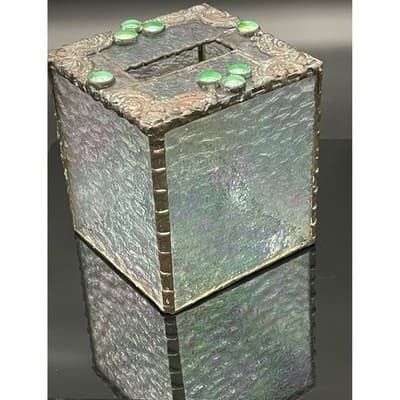 Vintage Handmade Iridescent Stained Glass Tissue Box Cover Art Glass Decor - Thumbnail 7