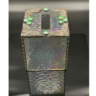 Vintage Handmade Iridescent Stained Glass Tissue Box Cover Art Glass Decor - Thumbnail 4