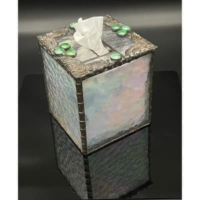 Vintage Handmade Iridescent Stained Glass Tissue Box Cover Art Glass Decor - Thumbnail 13