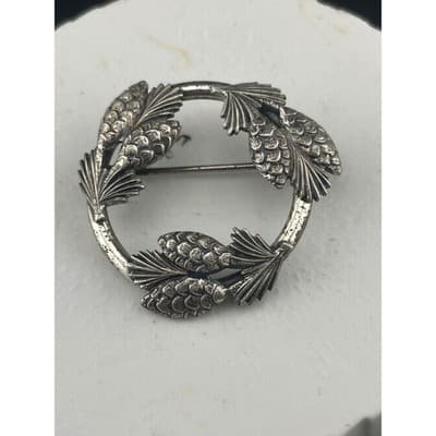 Vintage Beau Sterling Silver Pinecone Wreath Brooch Circle Pin Signed beaucraft - Thumbnail 3