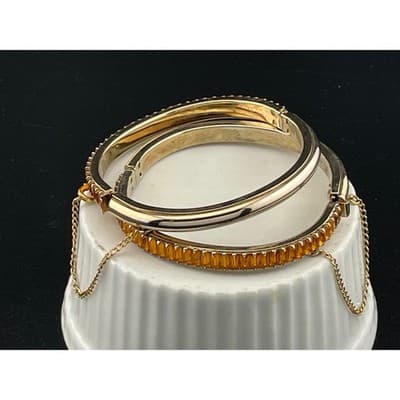 Vintage Amber Rhinestone Baguette Hinged Bangle Set Pair Gold Tone Deco Style - Thumbnail 3