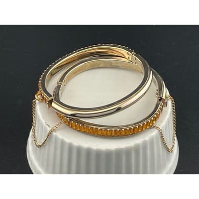 Vintage Amber Rhinestone Baguette Hinged Bangle Set Pair Gold Tone Deco Style - Thumbnail 4