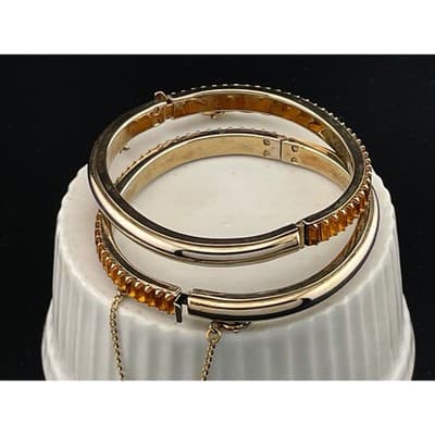 Vintage Amber Rhinestone Baguette Hinged Bangle Set Pair Gold Tone Deco Style - Thumbnail 5