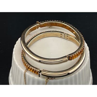 Vintage Amber Rhinestone Baguette Hinged Bangle Set Pair Gold Tone Deco Style - Thumbnail 6