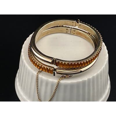 Vintage Amber Rhinestone Baguette Hinged Bangle Set Pair Gold Tone Deco Style - Thumbnail 7