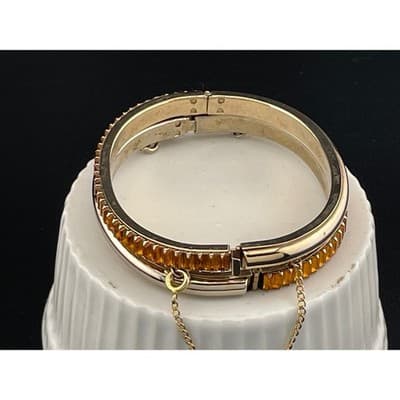 Vintage Amber Rhinestone Baguette Hinged Bangle Set Pair Gold Tone Deco Style - Thumbnail 8