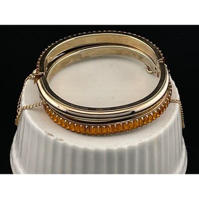 Vintage Amber Rhinestone Baguette Hinged Bangle Set Pair Gold Tone Deco Style - Thumbnail 9