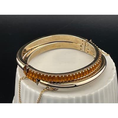 Vintage Amber Rhinestone Baguette Hinged Bangle Set Pair Gold Tone Deco Style - Thumbnail 10