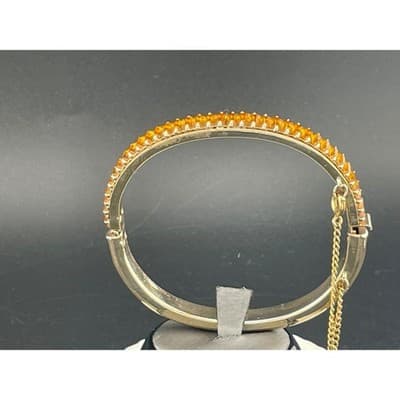 Vintage Amber Rhinestone Baguette Hinged Bangle Set Pair Gold Tone Deco Style - Thumbnail 11