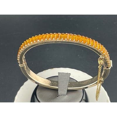 Vintage Amber Rhinestone Baguette Hinged Bangle Set Pair Gold Tone Deco Style - Thumbnail 12