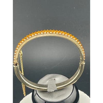 Vintage Amber Rhinestone Baguette Hinged Bangle Set Pair Gold Tone Deco Style - Thumbnail 13
