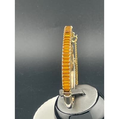 Vintage Amber Rhinestone Baguette Hinged Bangle Set Pair Gold Tone Deco Style - Thumbnail 14
