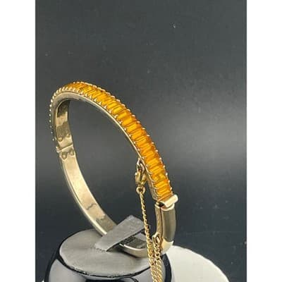 Vintage Amber Rhinestone Baguette Hinged Bangle Set Pair Gold Tone Deco Style - Thumbnail 15