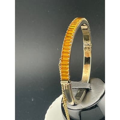 Vintage Amber Rhinestone Baguette Hinged Bangle Set Pair Gold Tone Deco Style - Thumbnail 17