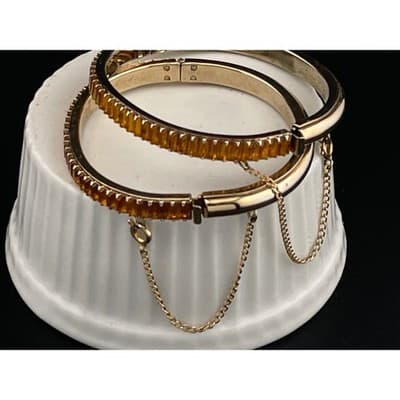 Vintage Amber Rhinestone Baguette Hinged Bangle Set Pair Gold Tone Deco Style - Thumbnail 19