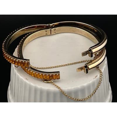 Vintage Amber Rhinestone Baguette Hinged Bangle Set Pair Gold Tone Deco Style - Thumbnail 20
