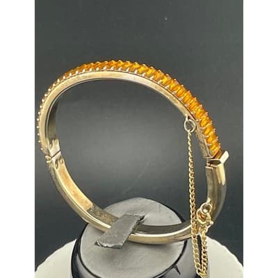 Vintage Amber Rhinestone Baguette Hinged Bangle Set Pair Gold Tone Deco Style - Thumbnail 18