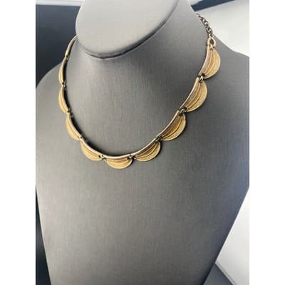 Vintage KARU Tri Tone Scalloped Link Choker Necklace Mid Century Collar - Thumbnail 2