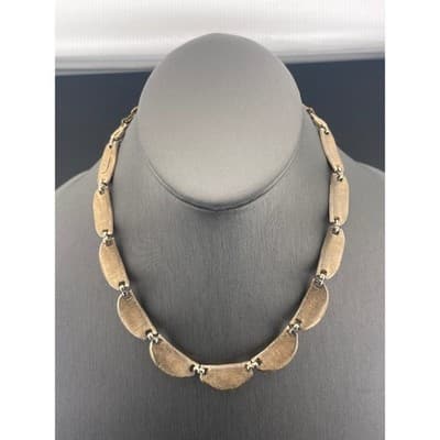 Vintage KARU Tri Tone Scalloped Link Choker Necklace Mid Century Collar - Thumbnail 4