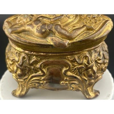 Antique Brass Cherub Jewelry Casket Footed Trinket Box Art Nouveau Figural Putti - Thumbnail 3