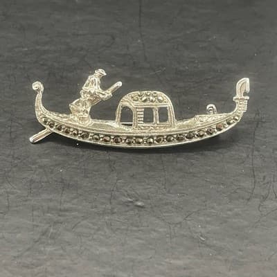 Vintage 800 Silver Venetian Gondola Brooch Marcasite Figural Gondolier Pin Italy - Thumbnail 3