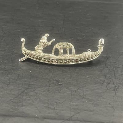 Vintage 800 Silver Venetian Gondola Brooch Marcasite Figural Gondolier Pin Italy - Thumbnail 4