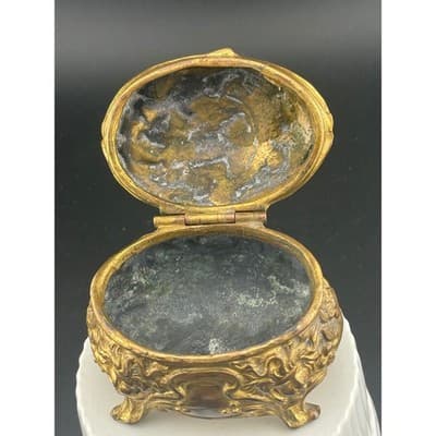 Antique Brass Cherub Jewelry Casket Footed Trinket Box Art Nouveau Figural Putti - Thumbnail 7