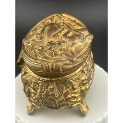 Antique Brass Cherub Jewelry Casket Footed Trinket Box Art Nouveau Figural Putti - Thumbnail 6