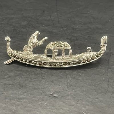 Vintage 800 Silver Venetian Gondola Brooch Marcasite Figural Gondolier Pin Italy - Thumbnail 2