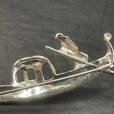 Vintage 800 Silver Venetian Gondola Brooch Marcasite Figural Gondolier Pin Italy - Thumbnail 6
