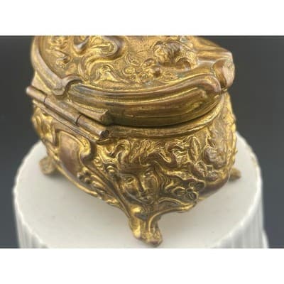 Antique Brass Cherub Jewelry Casket Footed Trinket Box Art Nouveau Figural Putti - Thumbnail 12