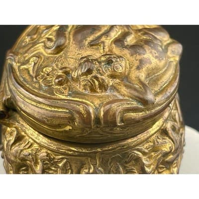 Antique Brass Cherub Jewelry Casket Footed Trinket Box Art Nouveau Figural Putti - Thumbnail 13