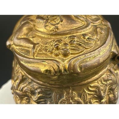 Antique Brass Cherub Jewelry Casket Footed Trinket Box Art Nouveau Figural Putti - Thumbnail 14