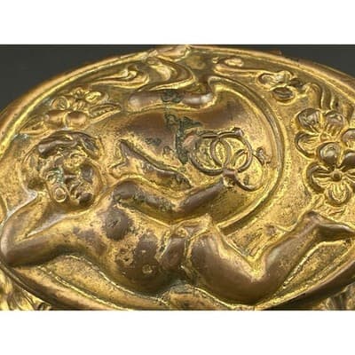 Antique Brass Cherub Jewelry Casket Footed Trinket Box Art Nouveau Figural Putti - Thumbnail 17