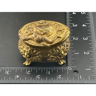 Antique Brass Cherub Jewelry Casket Footed Trinket Box Art Nouveau Figural Putti - Thumbnail 15