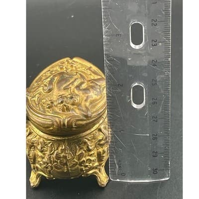 Antique Brass Cherub Jewelry Casket Footed Trinket Box Art Nouveau Figural Putti - Thumbnail 16