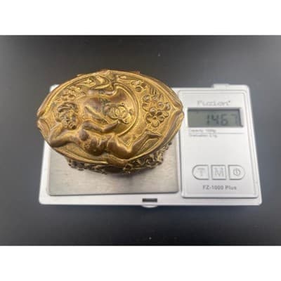 Antique Brass Cherub Jewelry Casket Footed Trinket Box Art Nouveau Figural Putti - Thumbnail 18