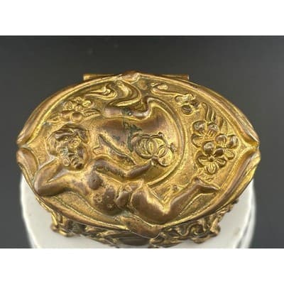 Antique Brass Cherub Jewelry Casket Footed Trinket Box Art Nouveau Figural Putti - Thumbnail 2