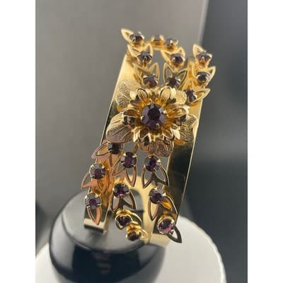 VTG Mid Century Floral Demi Parure Necklace Brooch Cuff Amethyst Rhinestone Set - Thumbnail 2