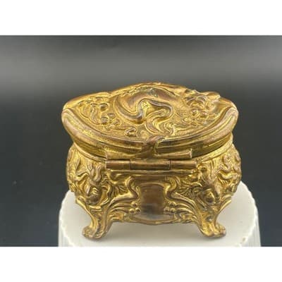 Antique Brass Cherub Jewelry Casket Footed Trinket Box Art Nouveau Figural Putti - Thumbnail 5