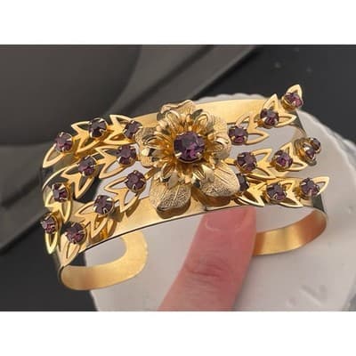 VTG Mid Century Floral Demi Parure Necklace Brooch Cuff Amethyst Rhinestone Set - Thumbnail 4