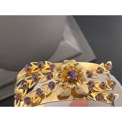 VTG Mid Century Floral Demi Parure Necklace Brooch Cuff Amethyst Rhinestone Set - Thumbnail 5