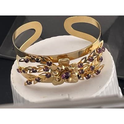VTG Mid Century Floral Demi Parure Necklace Brooch Cuff Amethyst Rhinestone Set - Thumbnail 8