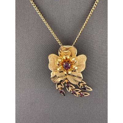 VTG Mid Century Floral Demi Parure Necklace Brooch Cuff Amethyst Rhinestone Set - Thumbnail 11