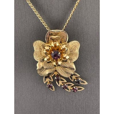 VTG Mid Century Floral Demi Parure Necklace Brooch Cuff Amethyst Rhinestone Set - Thumbnail 13