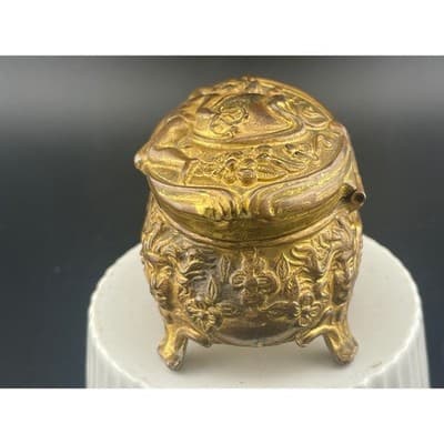 Antique Brass Cherub Jewelry Casket Footed Trinket Box Art Nouveau Figural Putti - Thumbnail 4