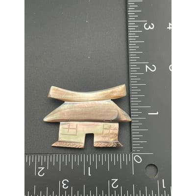 Vintage Mother of Pearl Pagoda Brooch Carved Shell Asian Temple Pin mid century - Thumbnail 8