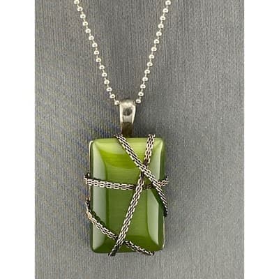 RMN Green Cat's Eye Glass Pendant Necklace Sterling Chain Chatoyant - Thumbnail 3