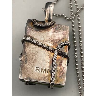 RMN Green Cat's Eye Glass Pendant Necklace Sterling Chain Chatoyant - Thumbnail 8